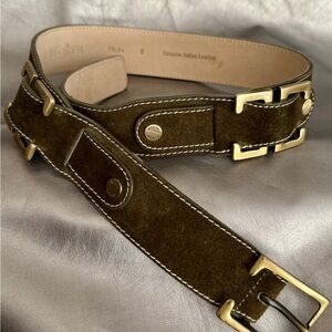 Worth Olive Brown Leather Belt with Gold Buckles and Detail